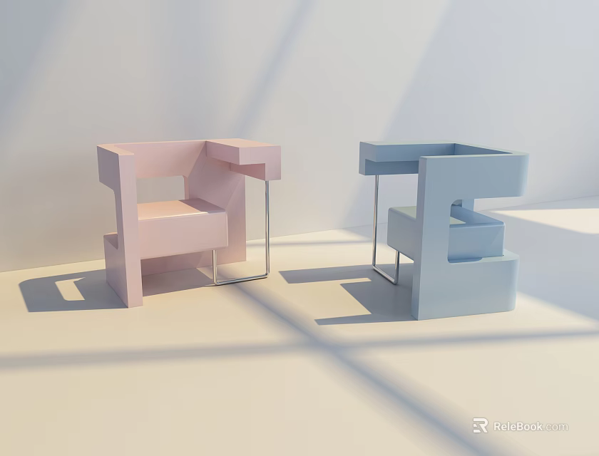 Modern Pink And Blue Single Sofa With Geometric Design And Metal Legs 3d model 