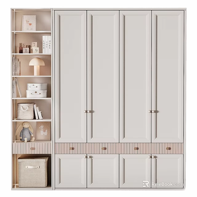 Modern Minimalist Wardrobe Interior Design With White Doors Drawers Books And Decorative Shelf 3d model 