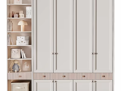 Modern Minimalist Wardrobe Interior Design With White Doors Drawers Books And Decorative Shelf 3d model