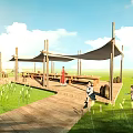 Tranquil Garden Landscape With White Tents Wooden Chairs And Lush Green Grass