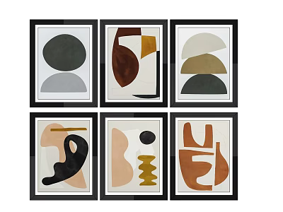 Abstract Wall Art with Geometric Shapes Neutral Tones and Black Framed Set of Six 3d model