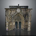 Historic Gothic Architecture Stone Entrance With Green Doors Pointed Arch And Carved Details