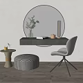 Stylish Leisure Chair In Modern Setting With Round Mirror Dark Countertop Pouf And Wooden Floor