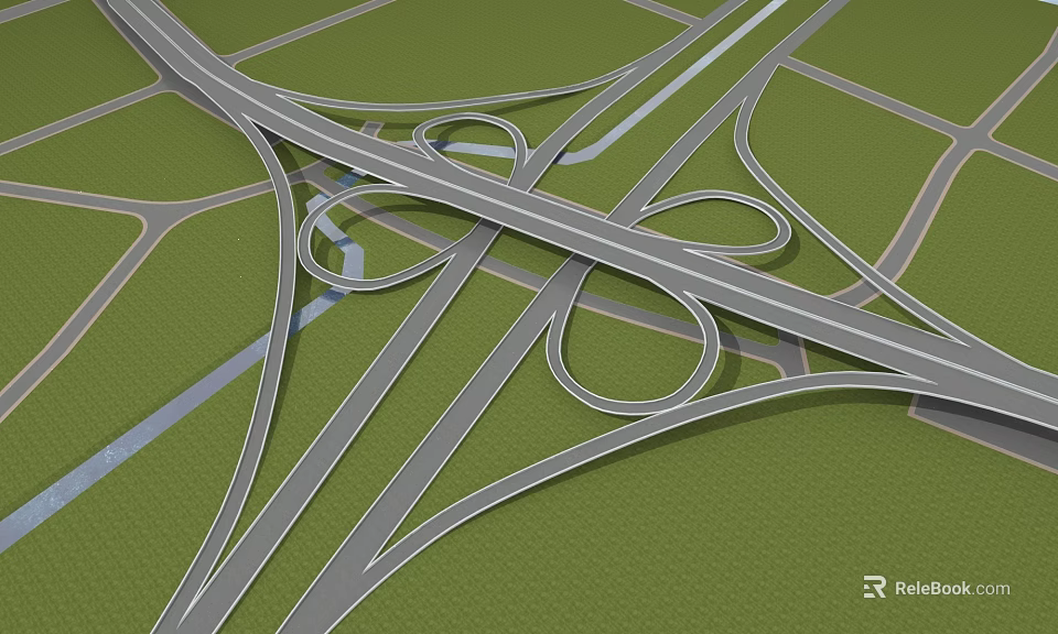 Complex Highway Interchange Bridge With Multiple Loops And Intersecting Roads In Green Area 3d model