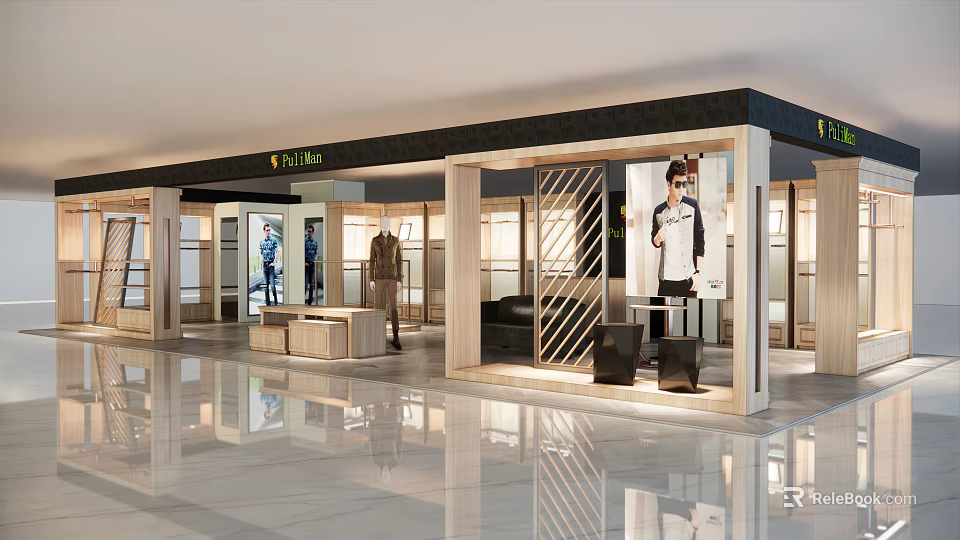 Modern Fashionable Clothing Store Interior With Display Windows Mannequins And Elegant Wooden Decor 3d model 