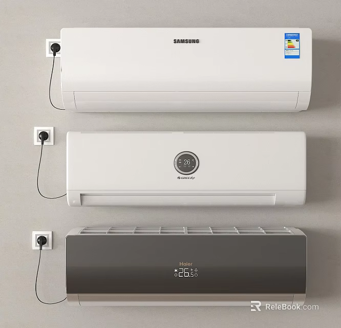 Wall Mounted Air Conditioners in White and Gray Samsung Midea Plugged in on Wall 3d model 