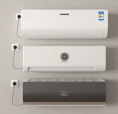 Wall Mounted Air Conditioners in White and Gray Samsung Midea Plugged in on Wall 3d model