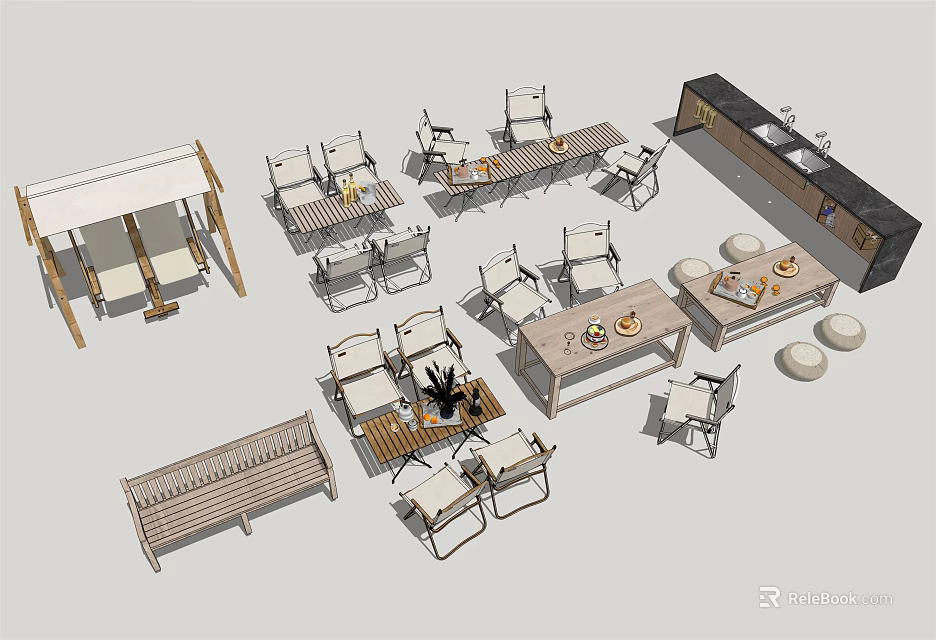 Modern Outdoor Dining Table Set With Chairs Bench And Lounge Area 3d model