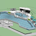 Outdoor Swimming Pool Design With Multiple Areas Umbrellas Seating And Building Structure 3d model