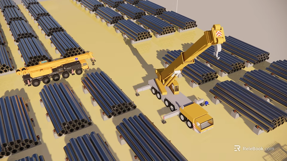 Industrial Equipment Yellow Crane Lifting Neatly Arranged Black Pipes At Construction Site 3d model 