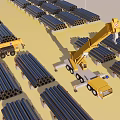 Industrial Equipment Yellow Crane Lifting Neatly Arranged Black Pipes At Construction Site