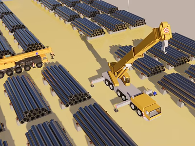 Industrial Equipment Yellow Crane Lifting Neatly Arranged Black Pipes At Construction Site 3d model