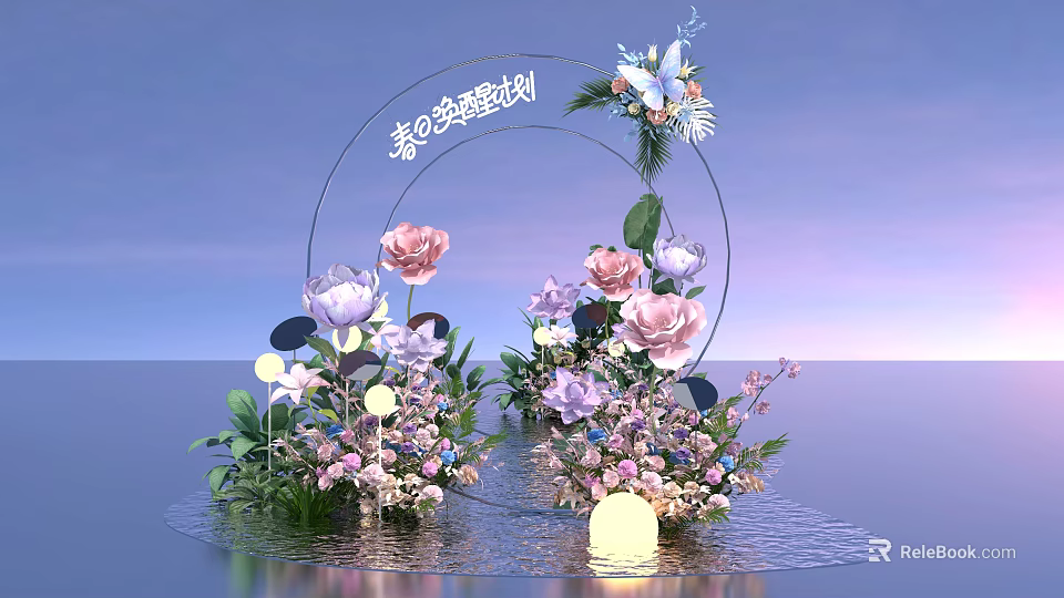 Romantic Art Installation With Circular Arch Pink Purple Roses Green Leaves Water Reflection And Lighting 3d model 