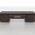 Modern Walnut Wood Office Desk With Flat Top And Circular Handle Cabinet Doors