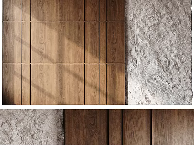 Modern Sofa Background Wall Design With Wooden Panels And Stone Texture 3d model