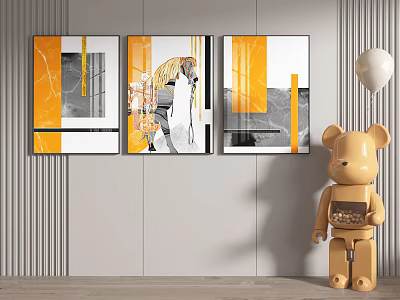 Modern Abstract Paintings With Yellow Gray White Tones On Striped Wall And Wooden Bear Figurine 3d model