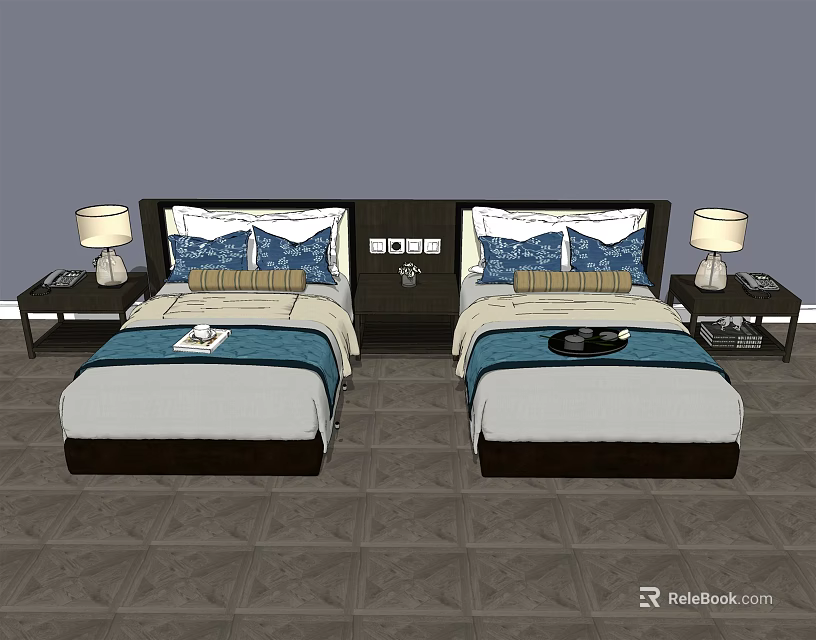 Modern Bedroom Interior With Double Bed Nightstand Table Lamp And Blue Decor 3d model 