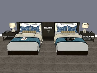 Modern Bedroom Interior With Double Bed Nightstand Table Lamp And Blue Decor 3d model