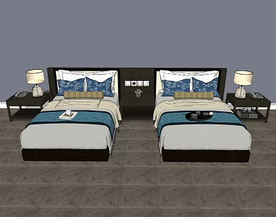 Modern Bedroom Interior With Double Bed Nightstand Table Lamp And Blue Decor 3d model