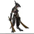 Lizard Like Warrior Character With Ornate Armor Dual Golden Swords And Egyptian Headdress