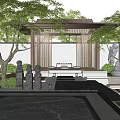 Traditional Chinese Courtyard Garden Design With Pavilion Trees Stone Pillars Stone Pathway And Fire Pit