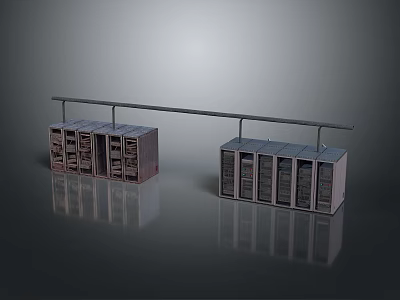 Modern Computer Server Racks Connected by Horizontal Bar in Data Center Setup 3d model