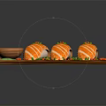 Fresh Salmon Sushi Served on Wooden Platter with Soy Sauce Wasabi and Colorful Garnishes