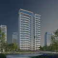 Modern High Rise Residential Building With Glass Facade Balconies And Green Landscaping