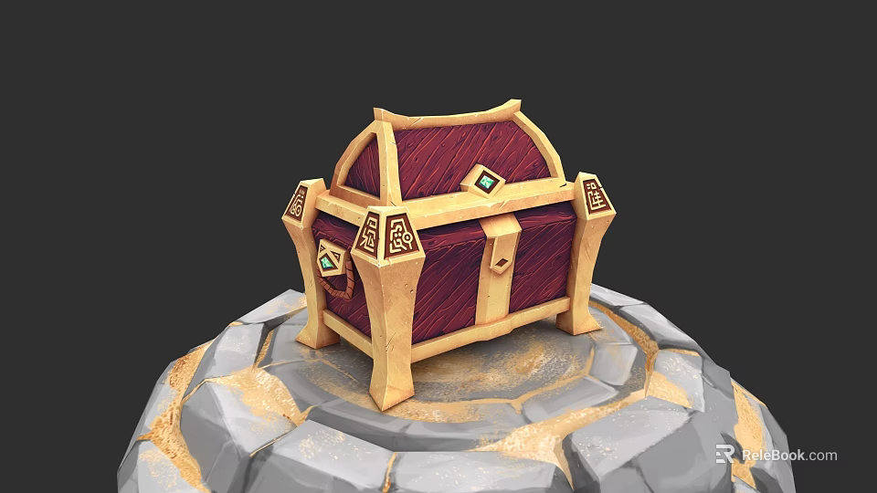 Intricate Sculpture Carving Of Red And Gold Treasure Chest On Stone Pedestal 3d model 