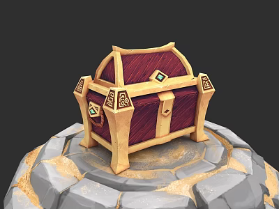 Intricate Sculpture Carving Of Red And Gold Treasure Chest On Stone Pedestal 3d model