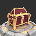 Intricate Sculpture Carving Of Red And Gold Treasure Chest On Stone Pedestal