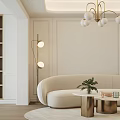Elegant Modern Living Room Interior With Beige Curved Sofa Red Armchair Coffee Tables And Chandelier