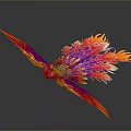 Colorful Bird With Vibrant Red Orange Purple Feathers Flying On Grey Background
