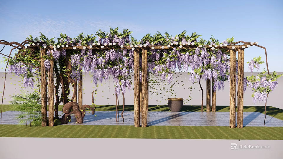 Beautiful Garden Pergola Adorned With Purple Wisteria Flowers And Wooden Posts On Green Lawn 3d model 