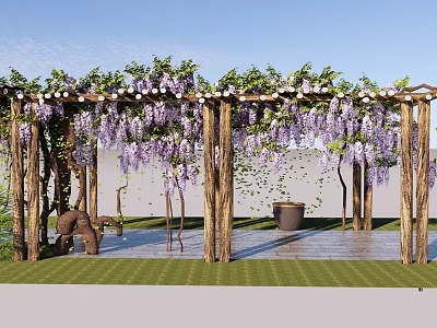 Beautiful Garden Pergola Adorned With Purple Wisteria Flowers And Wooden Posts On Green Lawn 3d model