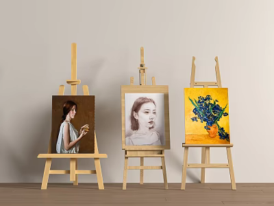 Three Wooden Easels With Portrait And Floral Art Paintings Light Wall Wooden Floor 3d model