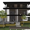 Modern Detached Villa Exterior With Large Windows Balcony And Landscaped Garden