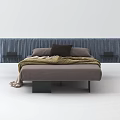 Modern Double Bed With Gray Mattress Blue Headboard Brown Blanket And Black Pillow