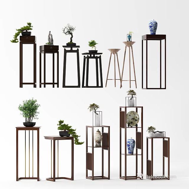 Modern Decorative Plant Stands with Green Plants and Ceramic Vases for Home Decor 3d model 