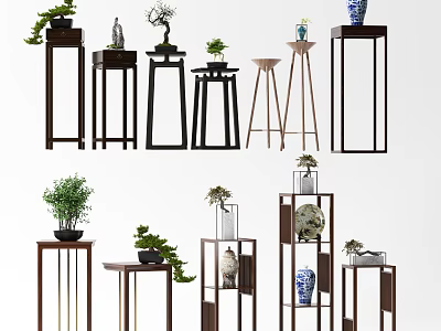 Modern Decorative Plant Stands with Green Plants and Ceramic Vases for Home Decor 3d model