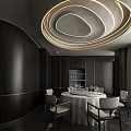 Modern Private Dining Room With Circular Ceiling Light And White Tablecloth 3d model