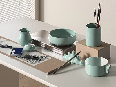 Light Green Ceramic Desk Accessories And Stationery Setup With Decorative Vase Bowl And Pen Holder 3d model