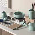 Light Green Ceramic Desk Accessories And Stationery Setup With Decorative Vase Bowl And Pen Holder