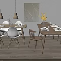 Dining Table Set With Two Tables Different Chairs Pendant Lights Wall Art And Tableware