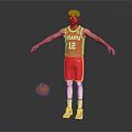 Man in red Atlanta basketball jersey with number 12 standing next to basketball