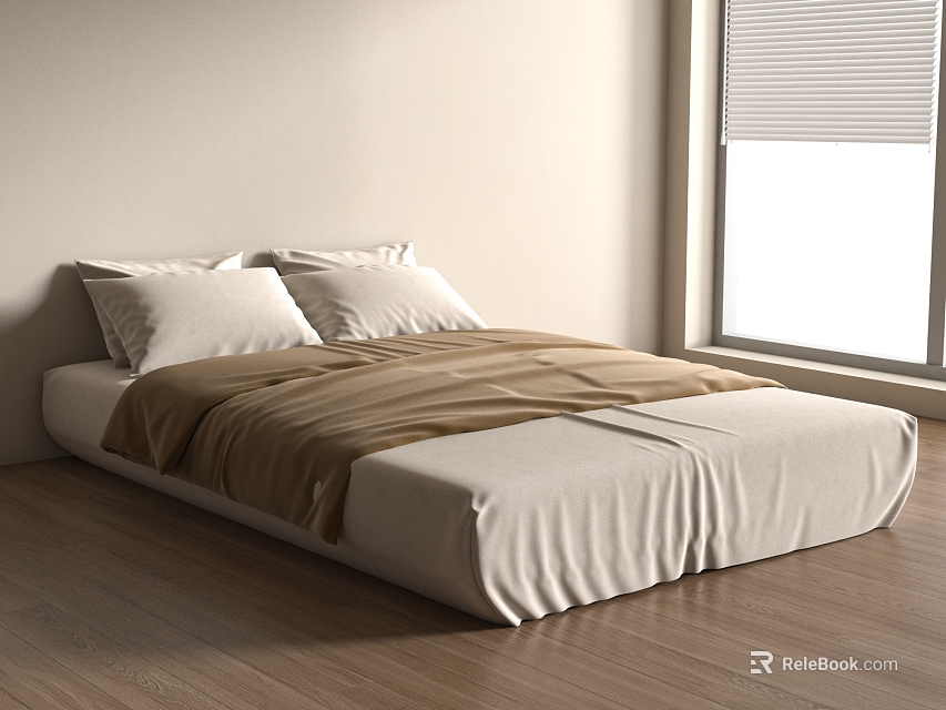Minimalist Bedroom Interior With White Pillows Brown Blanket Wooden Floor And Window Blinds 3d model 