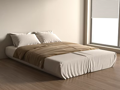 Minimalist Bedroom Interior With White Pillows Brown Blanket Wooden Floor And Window Blinds 3d model