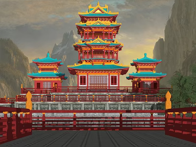Traditional Chinese Ancient Architecture Multi Tiered Pagoda With Curved Eaves And Mountain Backdrop 3d model