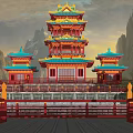 Traditional Chinese Ancient Architecture Multi Tiered Pagoda With Curved Eaves And Mountain Backdrop