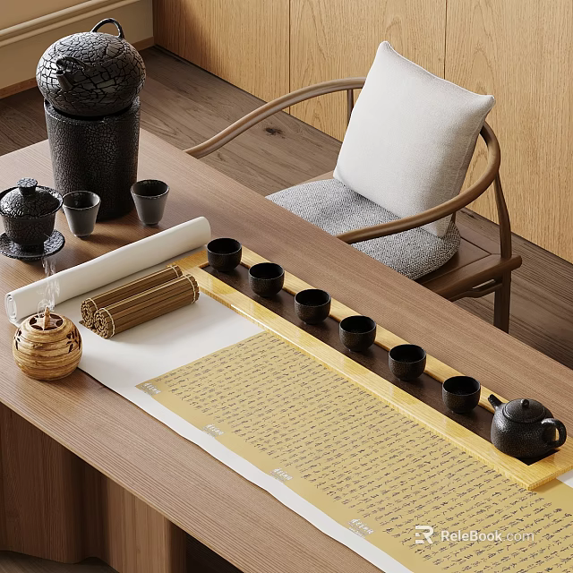 Traditional Chinese Tea Set on Wooden Table with Teapot Tea Cups Tray and Calligraphy Scroll 3d model 